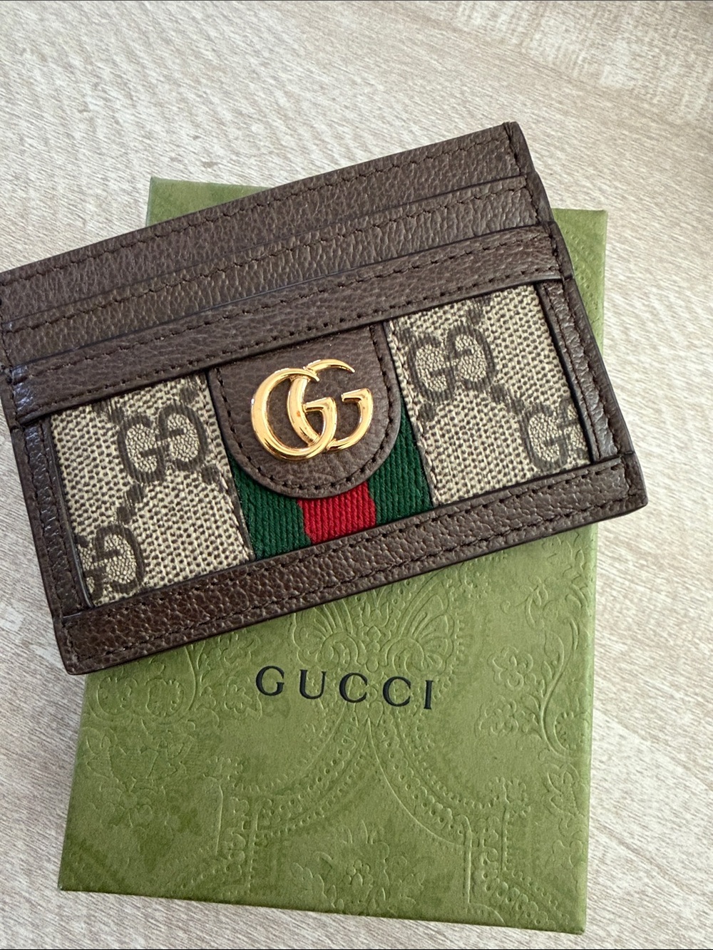 Gucci Brown GG Supreme Card Case with Green-Red Web and Gold Double G
